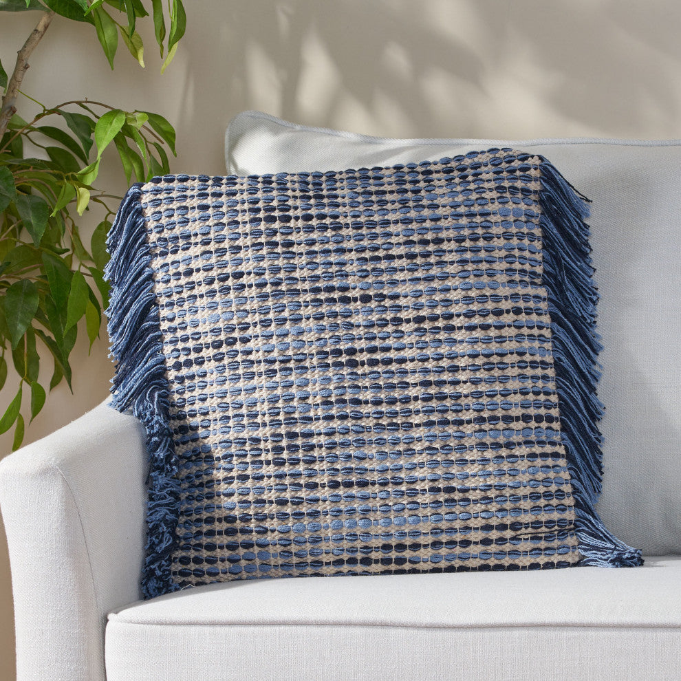 Isaac Hand-Loomed Boho Pillow Cover, Blue, Natural, Single