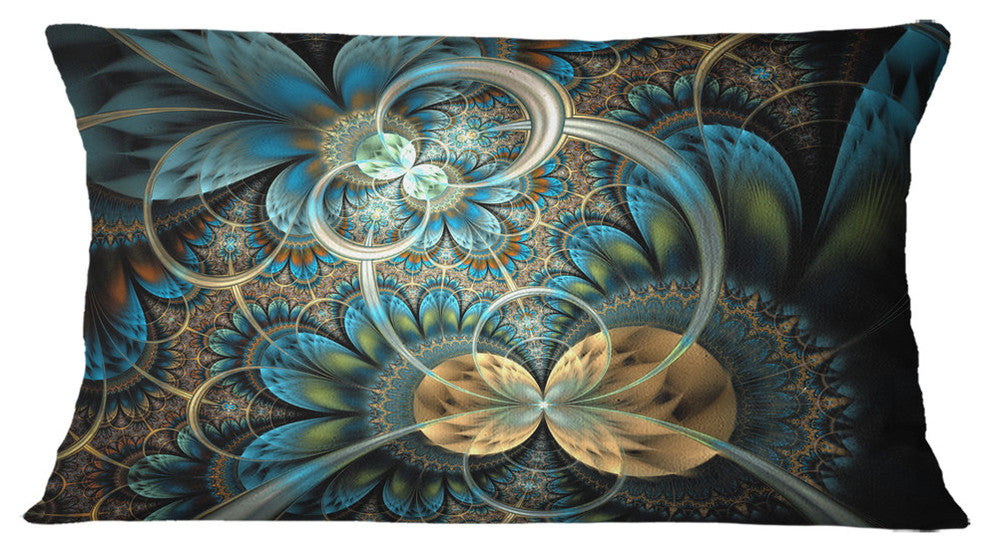 Symmetrical Blue Gold Fractal Flower Abstract Throw Pillow, 12"x20"