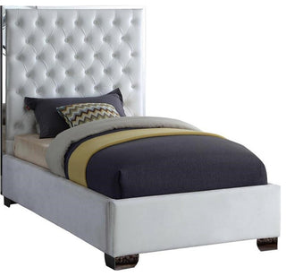 Maklaine 58.5'H x 44'W x 81.5'D Solid Wood and Velvet Twin Bed in White