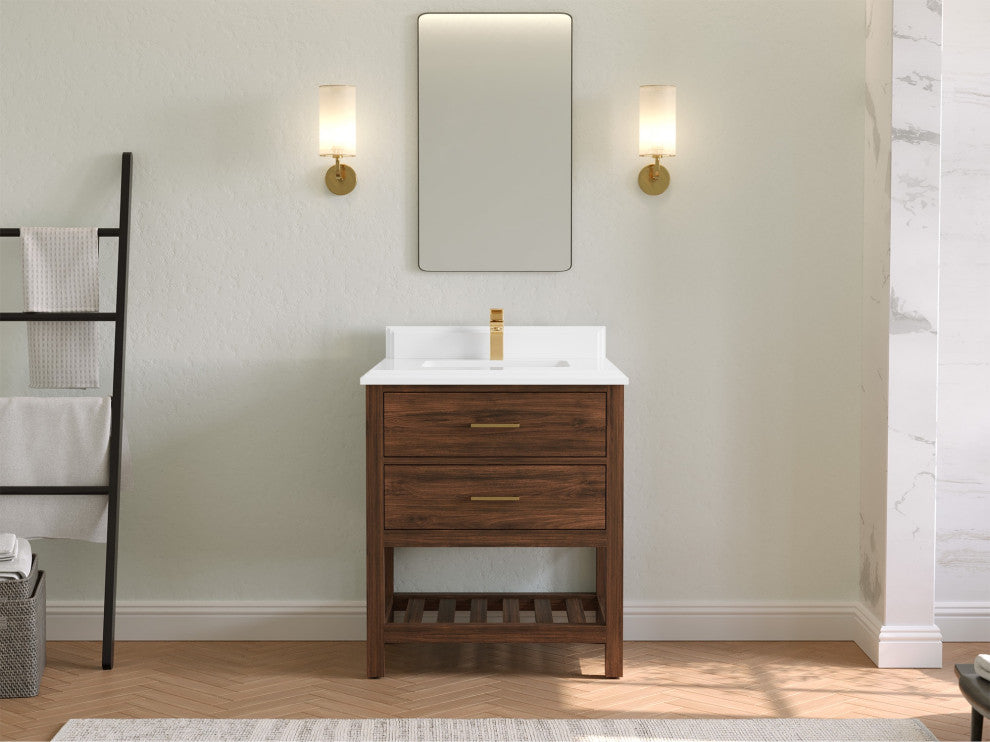 Parker Teak 30" Single Sink Bath Vanity in Dark Walnut 1.5" White Quartz