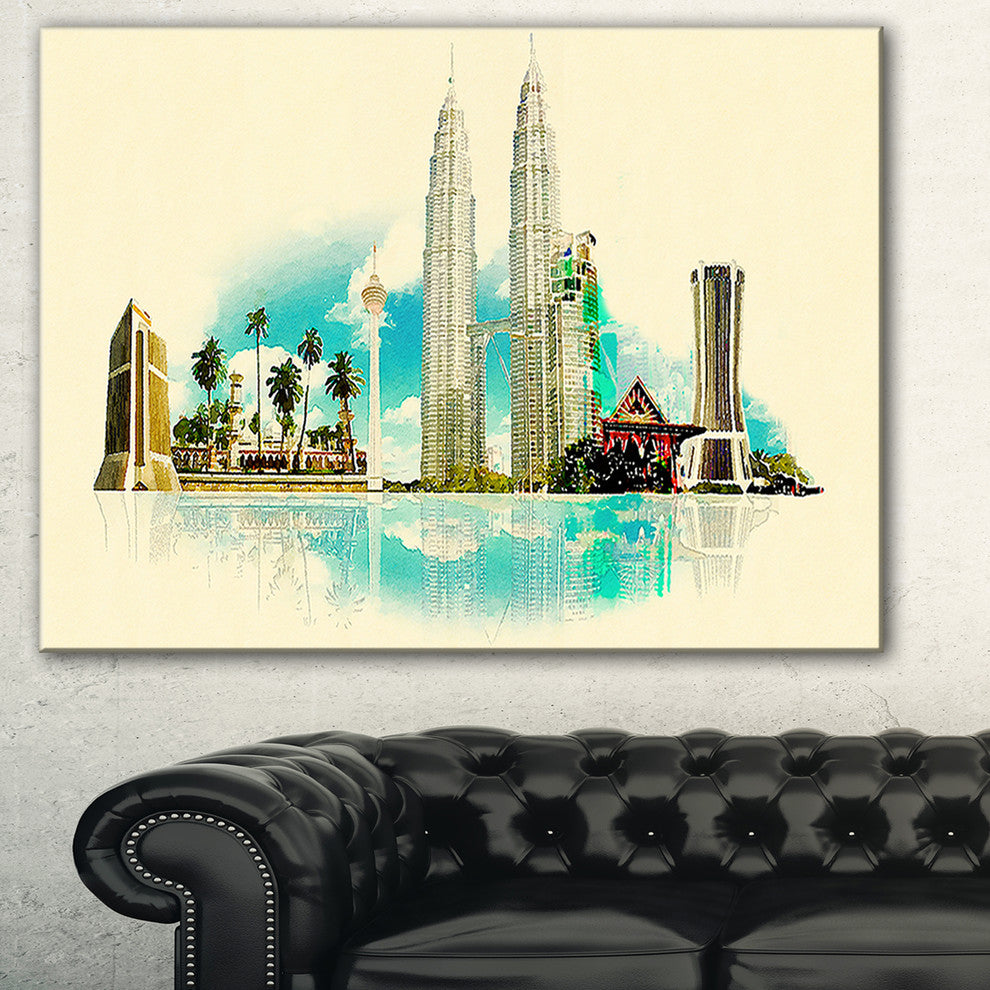 "Kuala Lumpur Panoramic View" Cityscape Watercolor Canvas Print, 32"x16"