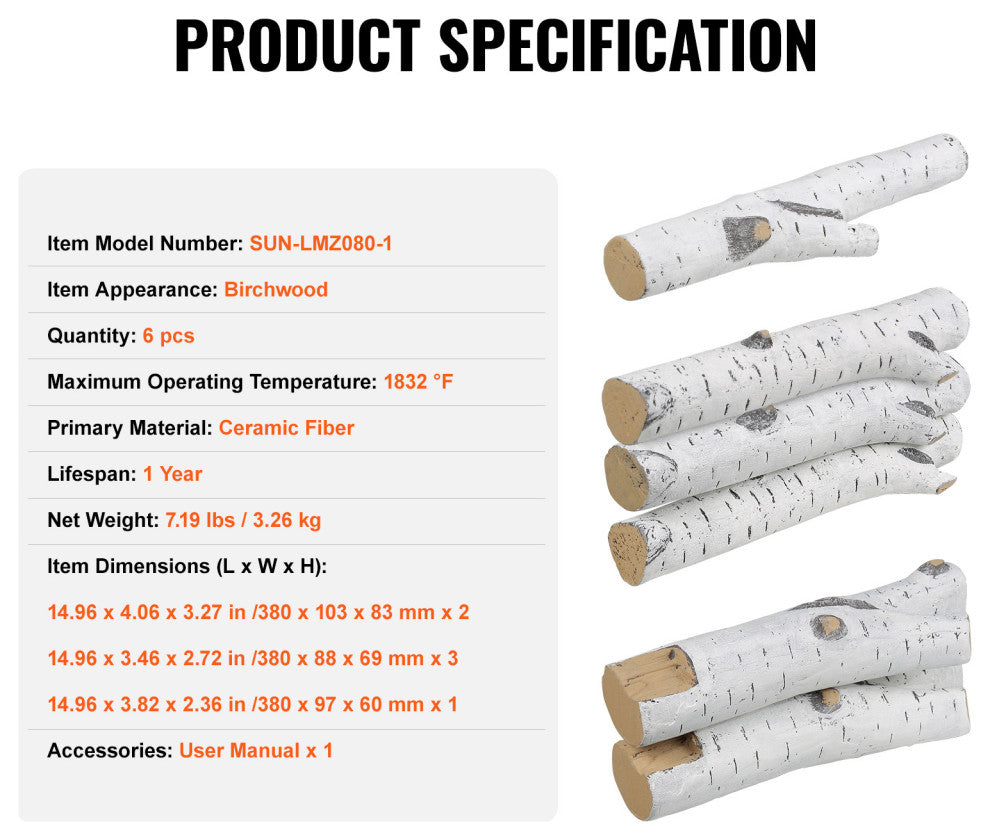 VEVOR 6 Pcs Large Withe Birch Logs Gas Fireplace Ceramic Logs Decorative