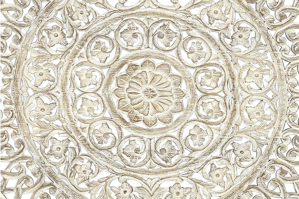 Milano Floral Carved Solid Wood Queen Panel Bed, Gray, King