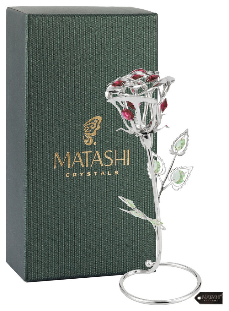 Matashi Silver Plated Rose Flower Tabletop Ornament With Red Pink Green Crystals