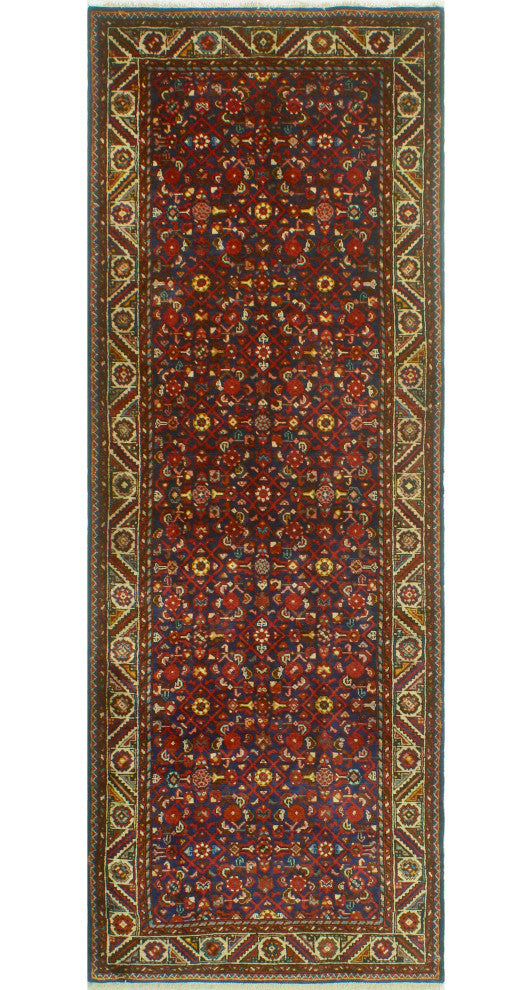 Fine Vintage Distressed Meyramgu Navy/Red Runner, 3'8 x 10'1