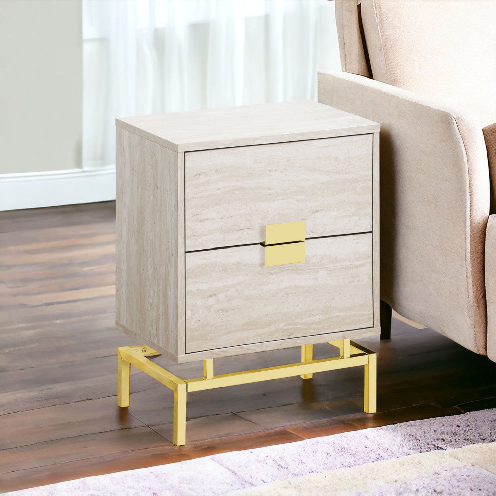 24" Gold And Beige End Table With 2-Drawers