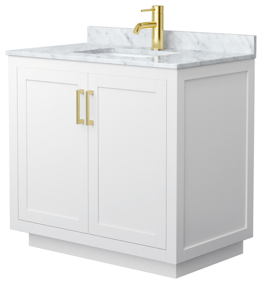 36" Single Bath Vanity, White, White Carrara Countertop, Sink, Gold Trim