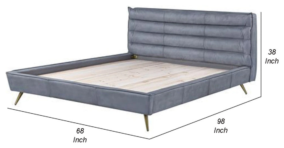 Benzara BM269602 Queen Bed With Leather Upholstery and Tapered Metal Legs, Gray