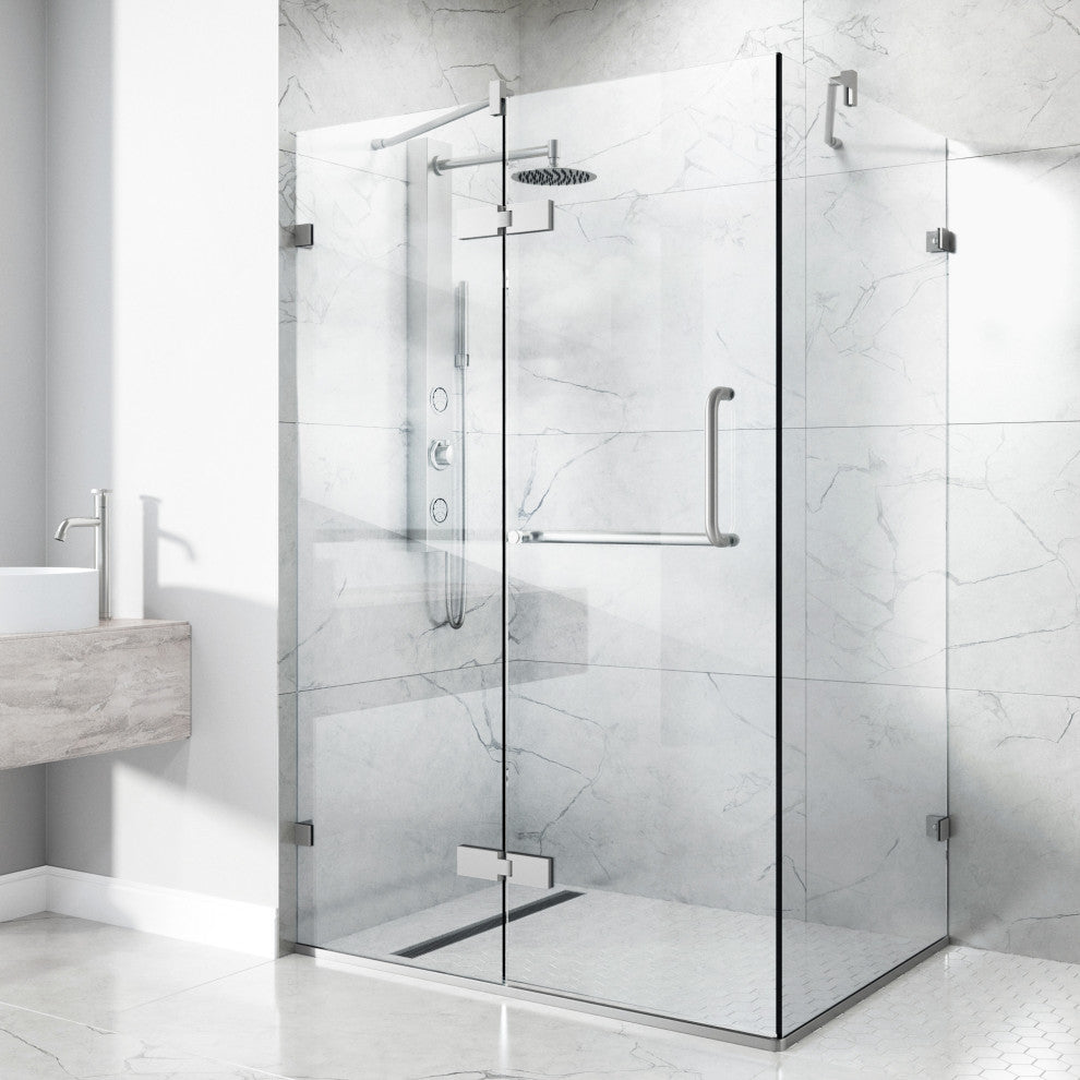 VIGO Monteray 30"D x 46"W x 73"H Frameless Hinged Shower Enclosure, Brushed Nickel, Without Base
