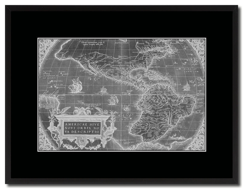 North South America Monochrome Map Print On Canvas With Black Frame, 16" X 21"