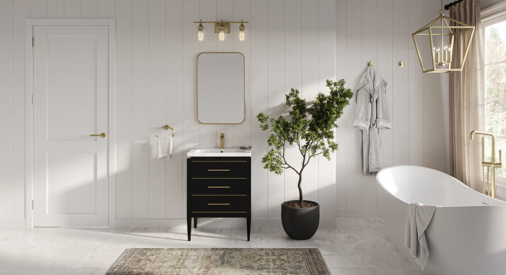 Celios Bathroom Vanity, Black with Brass Trim, 24", Single Sink, Freestanding