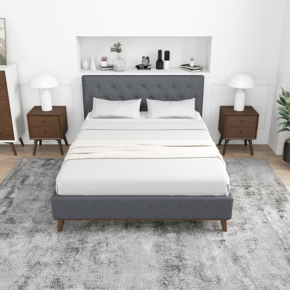 Ashton Mid-Century Modern Solid Wood Tufted Dark Grey Fabric Platform Bed, Queen
