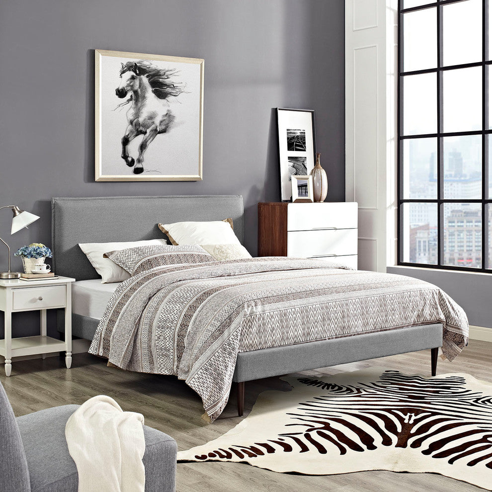 Modway Camille Full Fabric Platform Bed With Round Tapered Legs, Light Gray