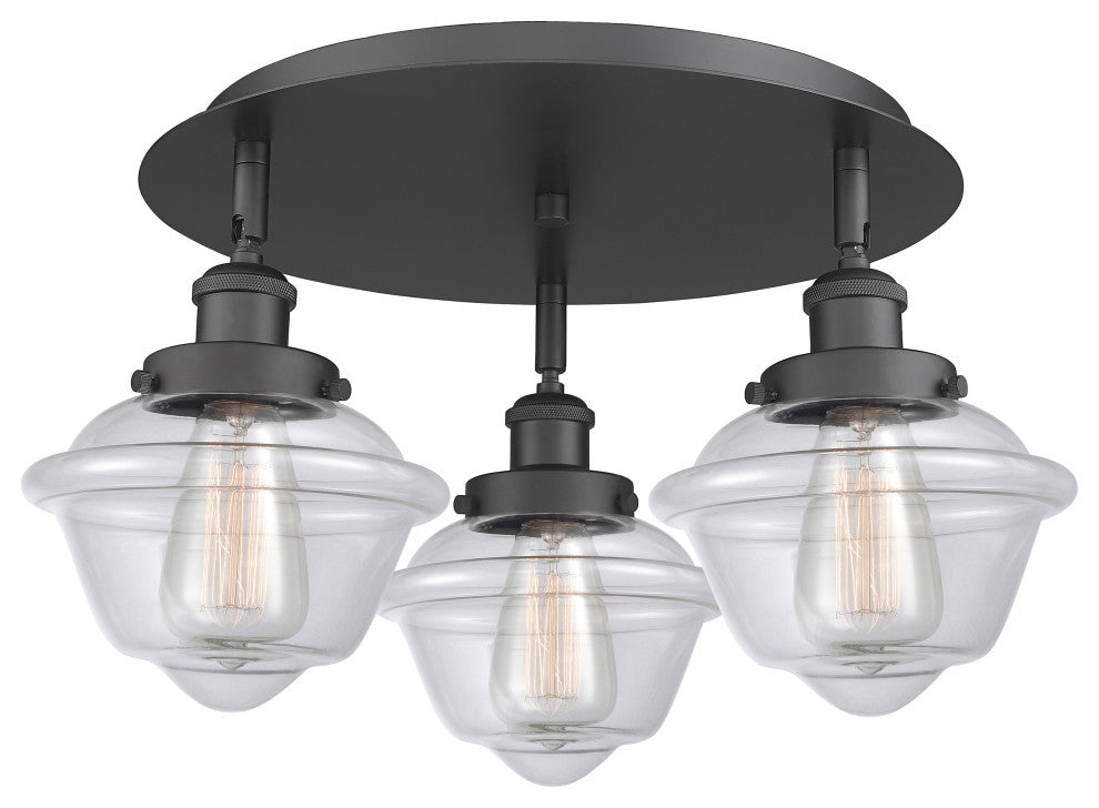 Oxford-3 Light 18" Flush Mount-Matte Black, Clear Glass Shade