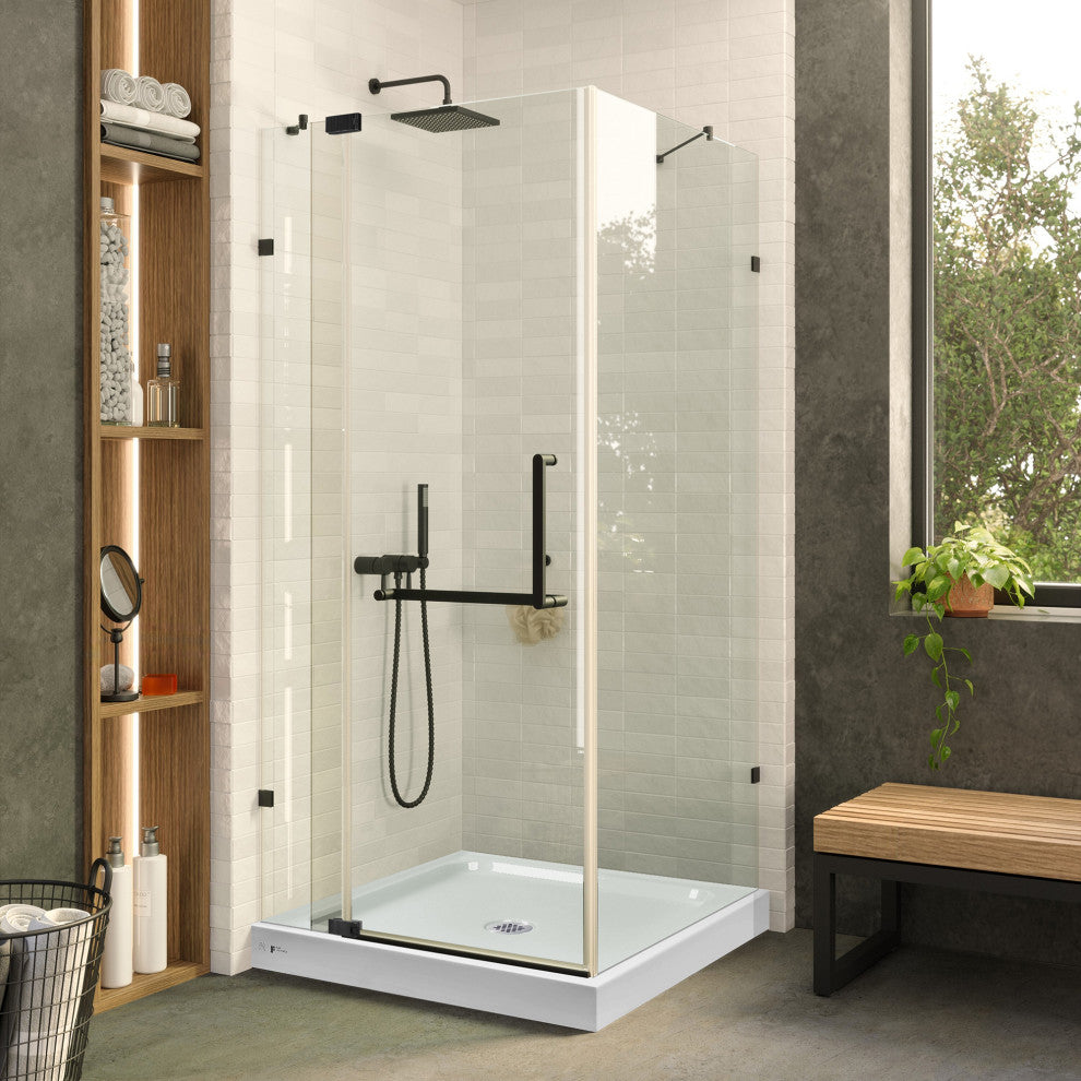 Shower Enclosure Hinged Frameless Tempered Glass, Black, 32"
