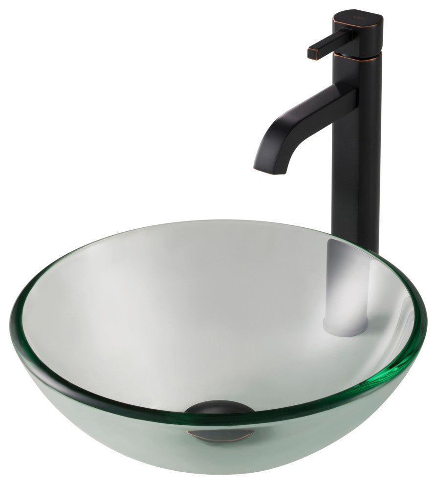 Glass Vessel Sink, Bathroom Ramus Faucet, Drain, Mounting Ring, Oil Rub Bronze