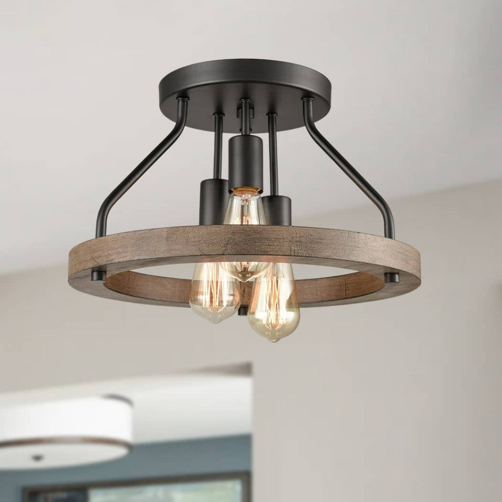 Farmhouse Semi Flush Mount Ceiling Light Wood Grain with 3 Lights