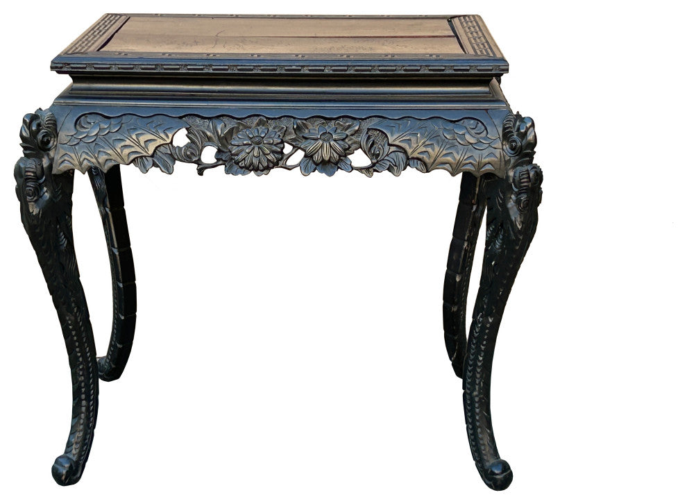 Vintage Chinese Black Relief Floral Carving Claw Legs Side Console Table Hws4812