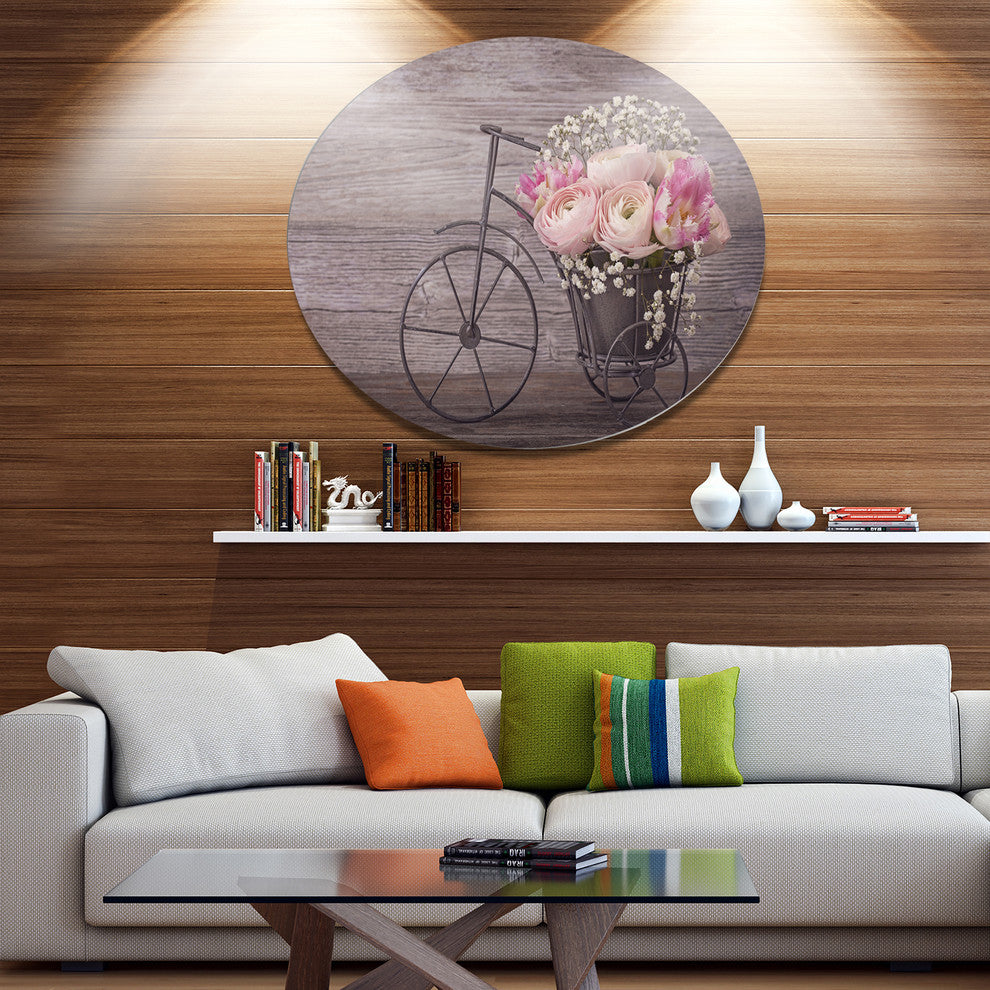 Ranunculus Flowers On Bicycle, Floral Round Metal Wall Art, 11"