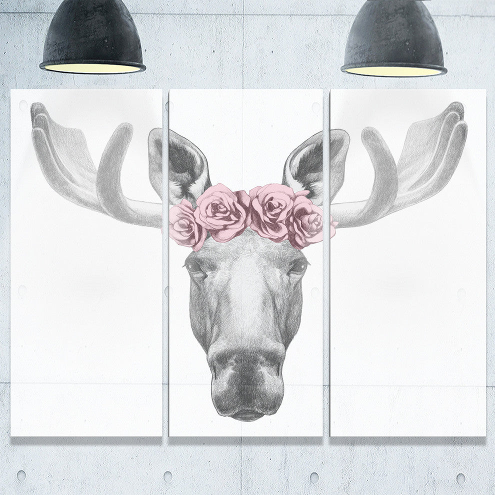 "Designart-Moose With Floral Head Wreath" Metal Wall Art, 3 Panels, 36"x28"
