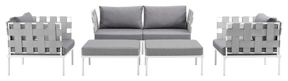 Modern Urban Outdoor Patio 5-Piece Sectional Sofa Set, Gray White Gray, Rattan