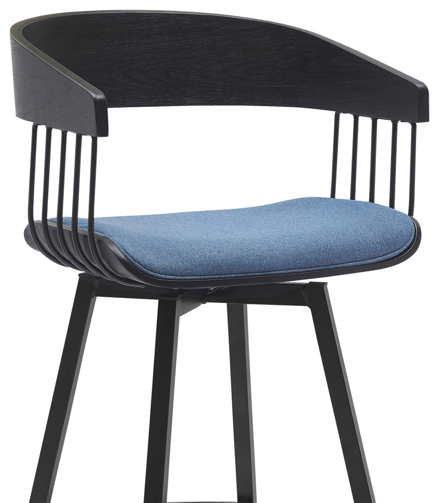 Athena Swivel Black Wood Counter Stool, Blue Fabric With Black Metal