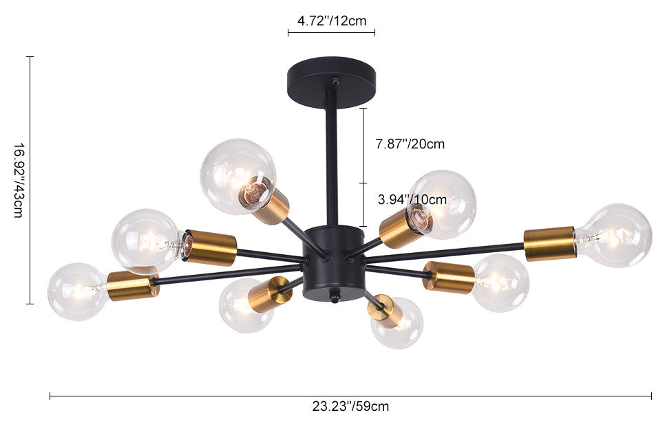 8 Light Sputnik Semi Flush Mount, Black/Gold