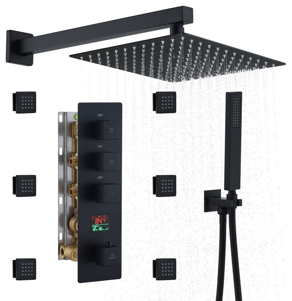 3 Function Digital Display Single Handle Shower System set with Body Spray, Matte Black