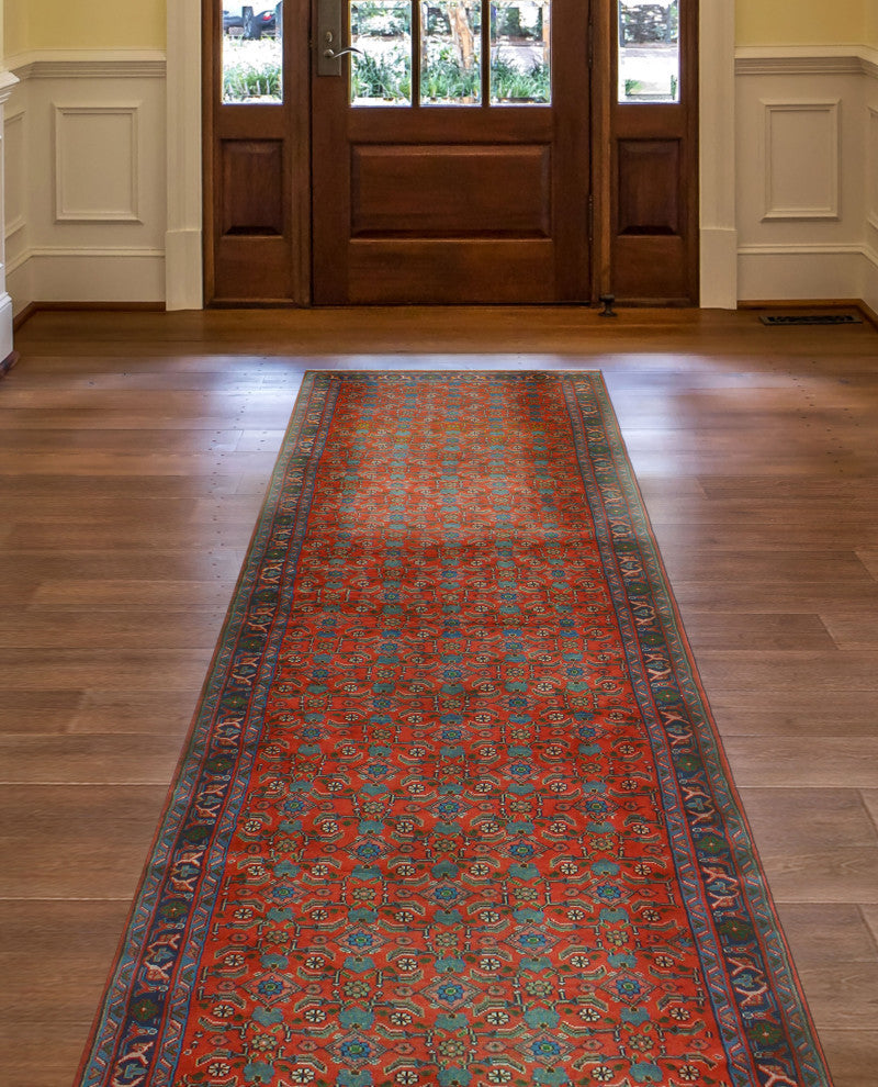 Fine Vintage Distressed Talbert Red/Navy Runner, 3'5x13'5