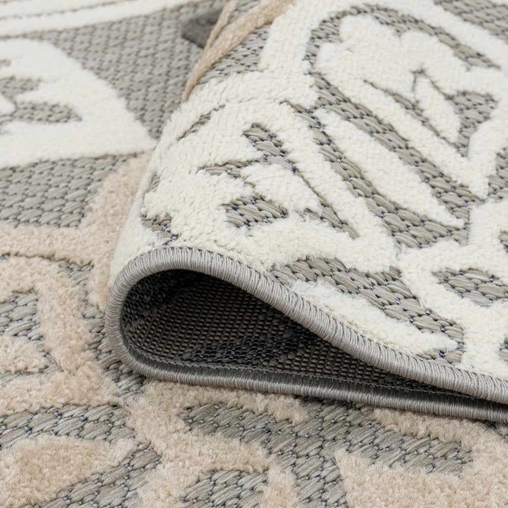 Omalley Modern Floral Area Rug, Beige & Gray, 7'11" Round