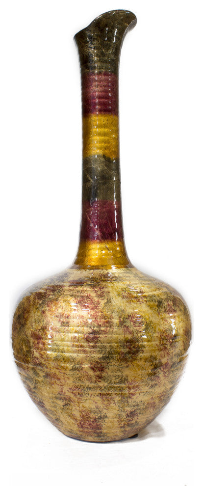 HomeRoots Brown Amber Burgundy Green Ceramic Lacquer Stripe Long Neck Bud Vase