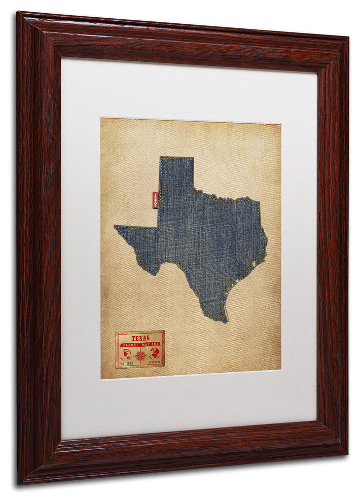 'Texas Map Denim Jeans Style' Matted Framed Canvas Art by Michael Tompsett