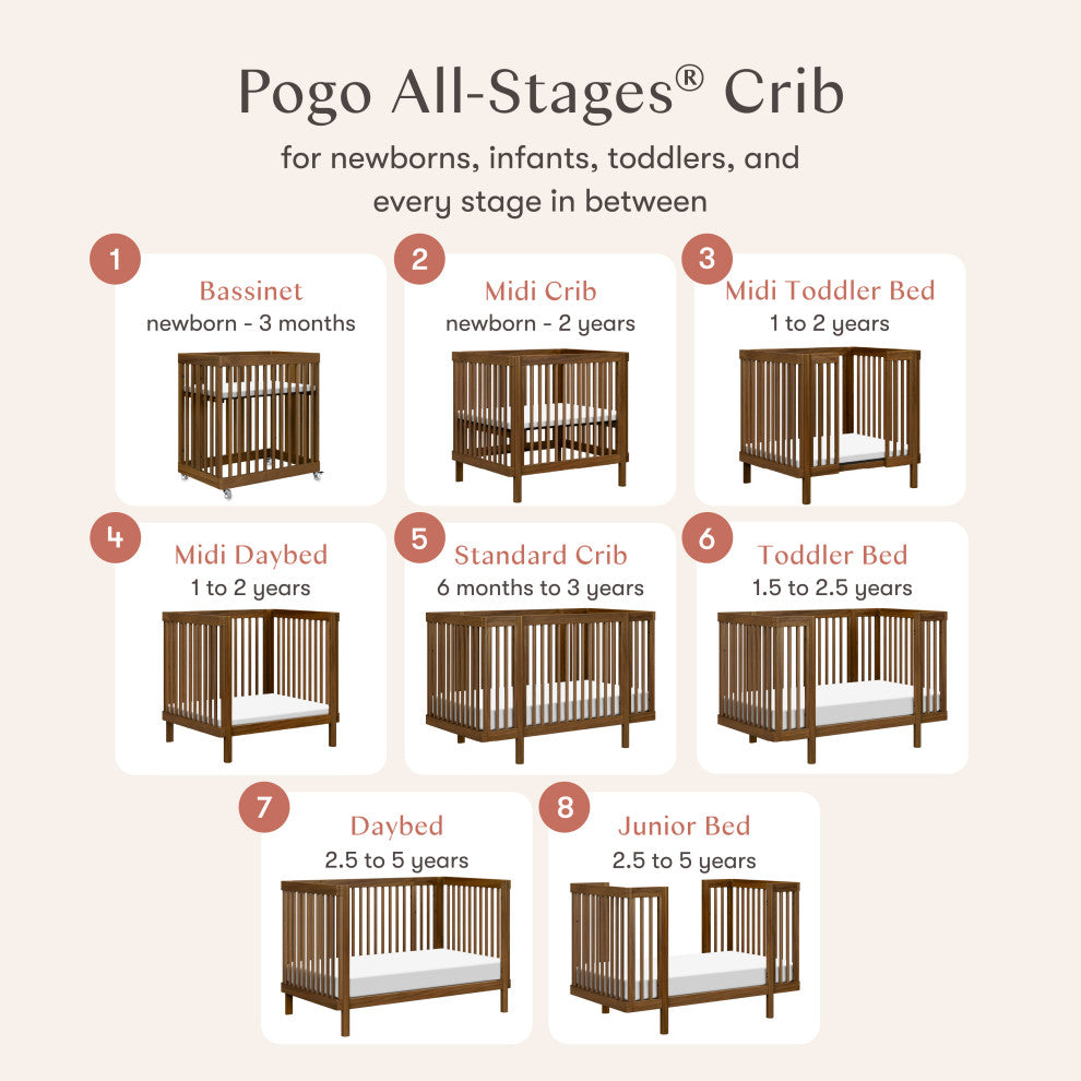 Pogo 8-in-1 Convertible Crib With All-Stages Conversion Kits, Natural Walnut