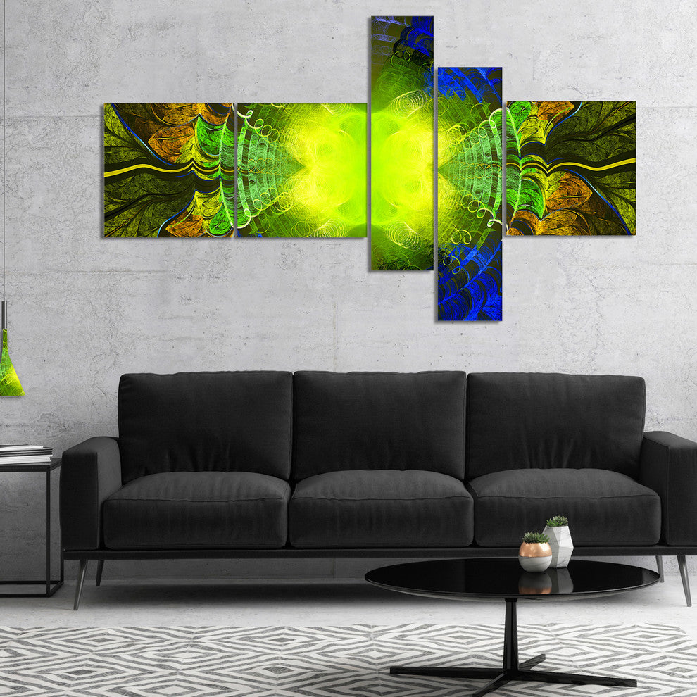 Green Golden Fractal Stained Glass, Abstract Canvas Art Print, 60"x32", 5 panels