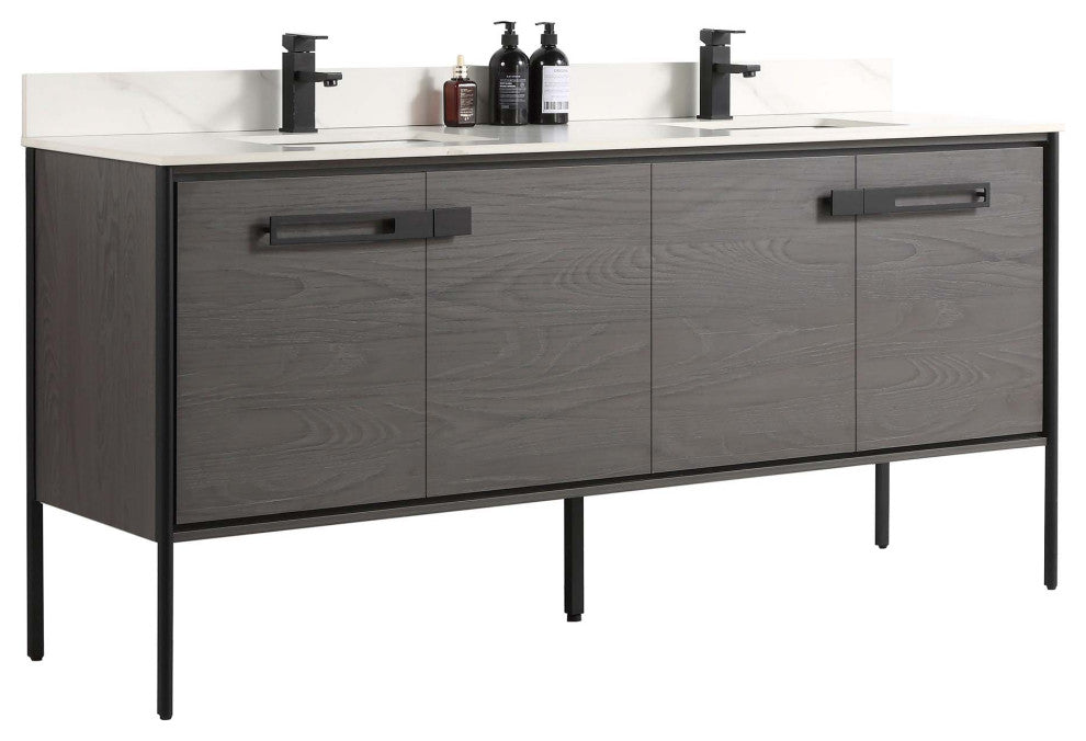Oakville Bath Vanity, Ceramic Sink, Black Coal Oak, 72 Inch, Black Hardware