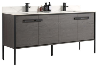 Oakville Bath Vanity, Ceramic Sink, Black Coal Oak, 72 Inch, Black Hardware