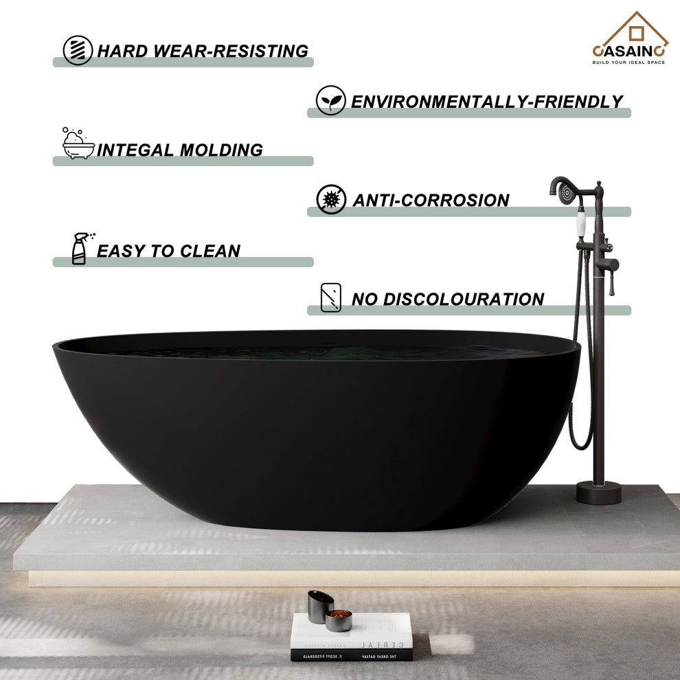 67in Solid Surface Freestanding Bathtub in Matte Black, Matte Black
