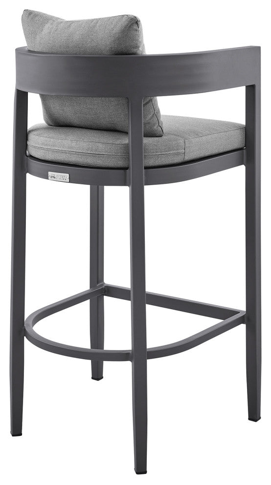 Menorca Outdoor Stool, Aluminum With Gray Cushions, Bar Height