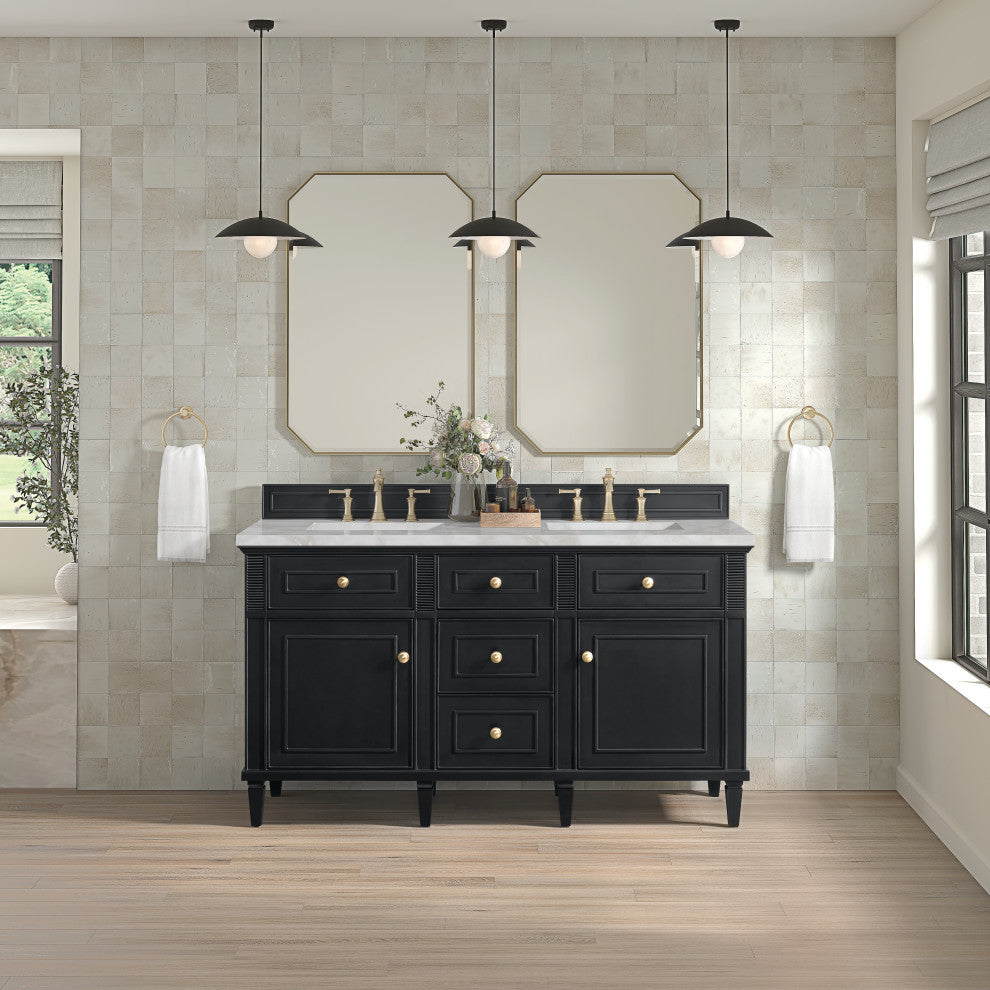 Lorelai 60" Double Vanity, Black Onyx, 3 CM Victorian Silver Top