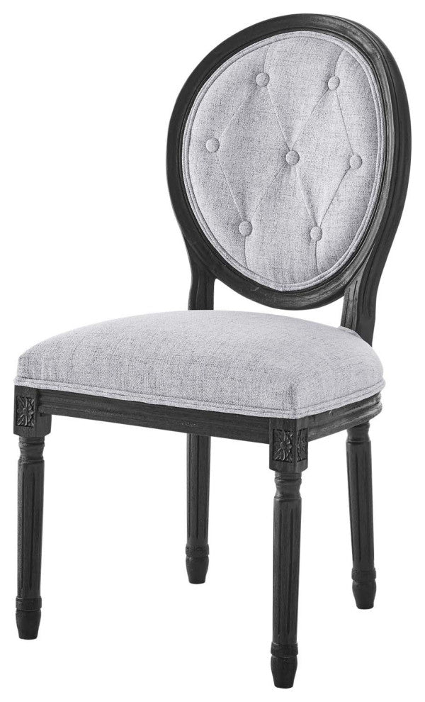 French Vintage Side Dining Chair, Fabric, Wood, Black Gray, Modern, Bistro