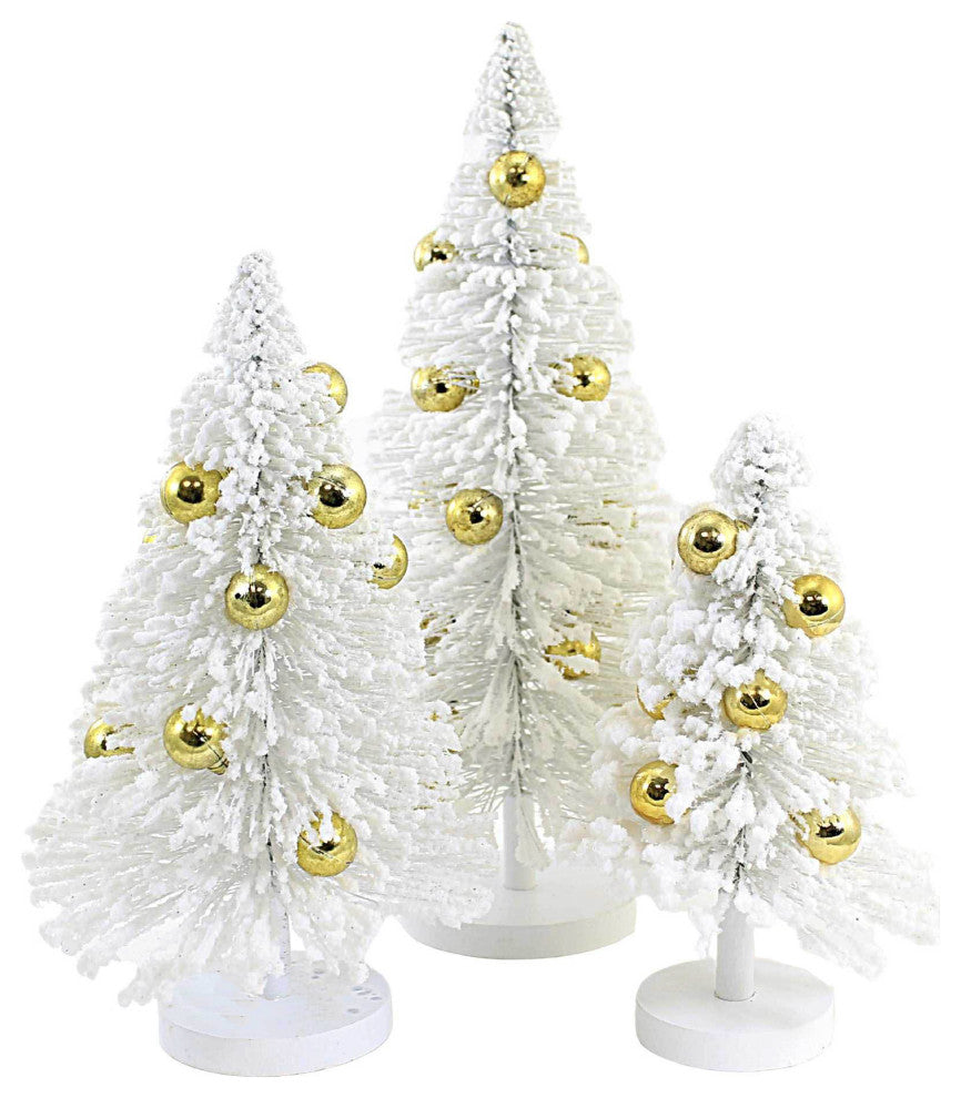 Christmas White Snow Forest Trees Plastic Gold Bottle Brush Cd1412wg