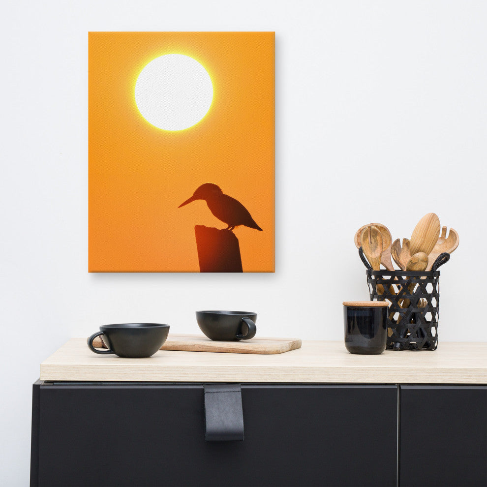 Kingfisher Bird Silhouette Sunset Animal Wildlife Photo Canvas Wall Art Prints, 16" X 20"