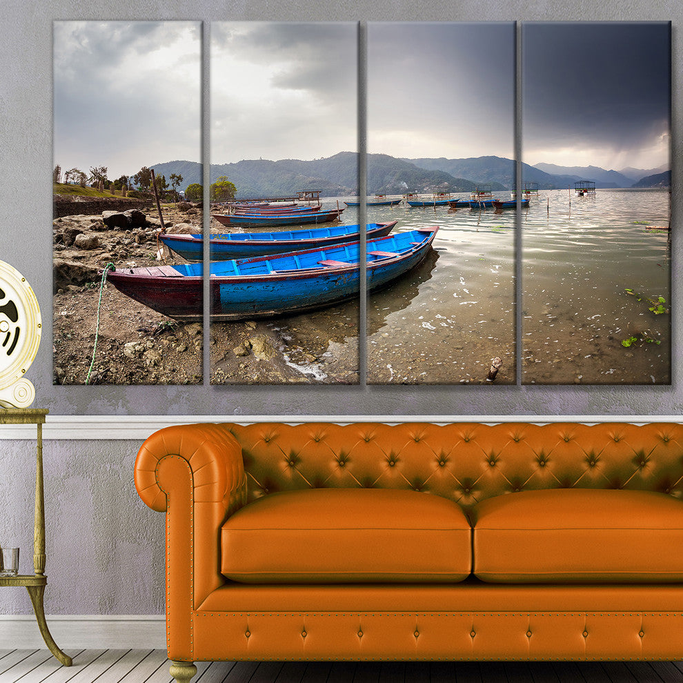 Blue Boats in Pokhara Lake, Boat Canvas Art Print, 48"x28", 4 Panels