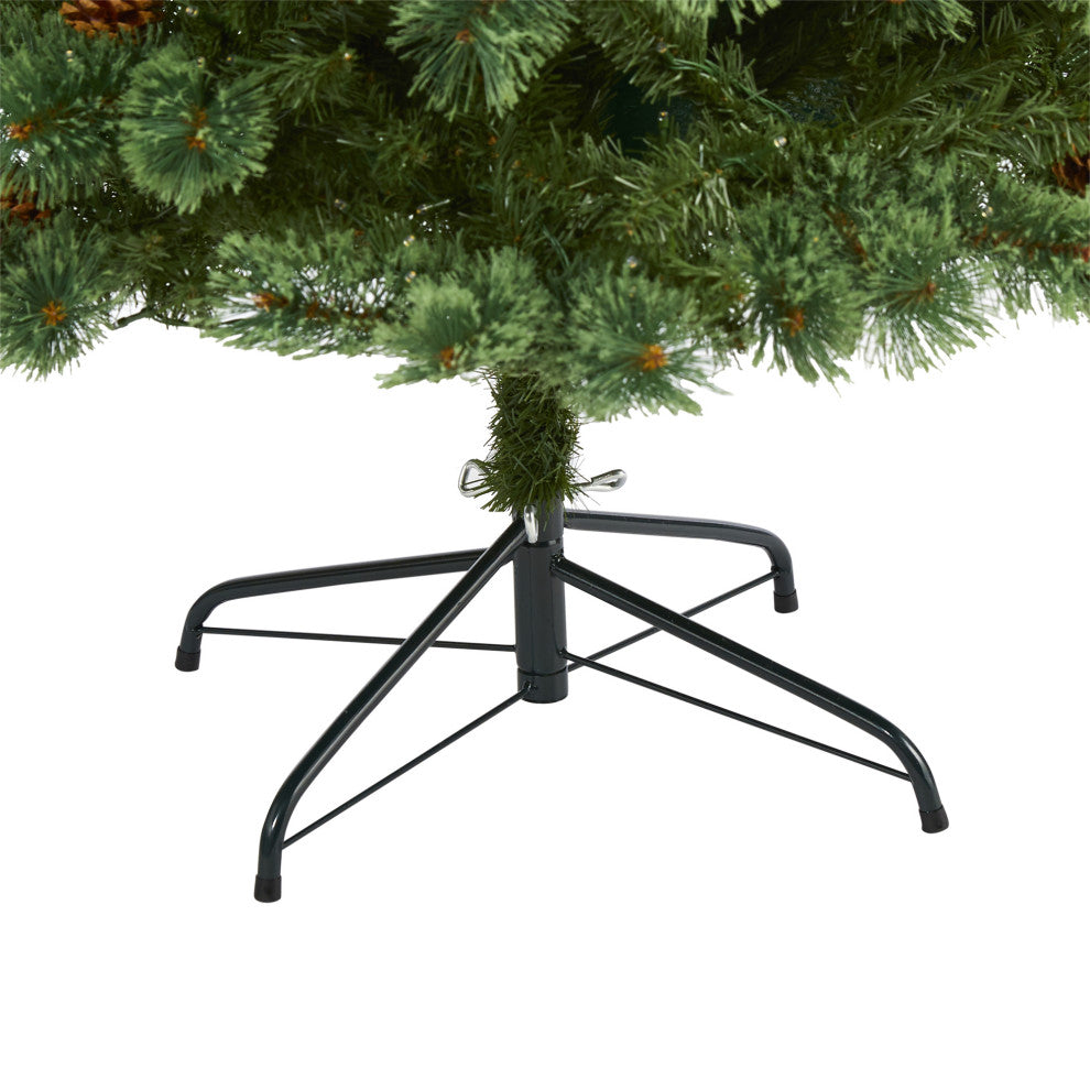 7' White Mountain Pine Faux Xmas Tree With 400 Clear LED Lights and Pine Cones