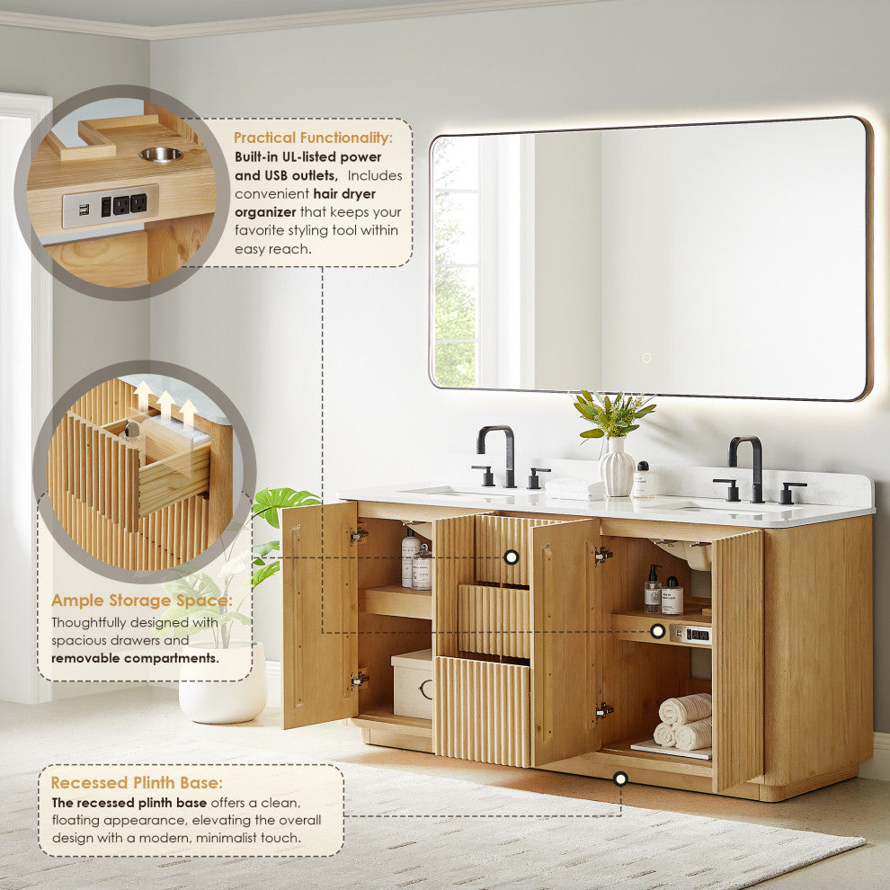 Clayton Bathroom Vanity, Washed Light Brown, 72", No Mirror