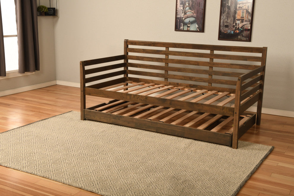 Boho Daybed With Pop Up and Linen Stone Mattresses, Rustic Walnut