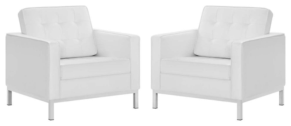 Tufted Armchair Accent Chair, Set of 2, Faux Leather, Silver White, Modern