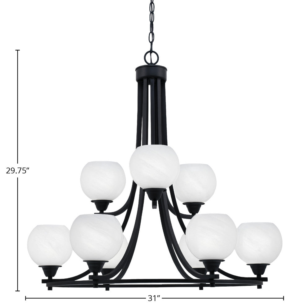 Paramount 9-Light Chandelier, Matte Black, 5.75" White Marble Glass