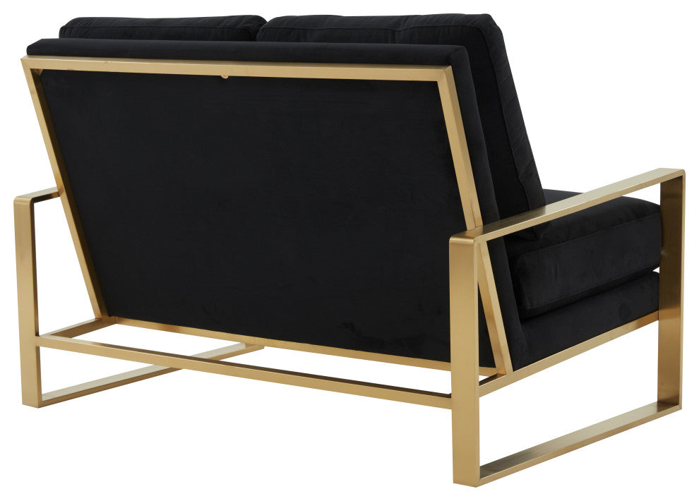 LeisureMod Jefferson Modern Design Velvet Loveseat With Gold Frame, Black