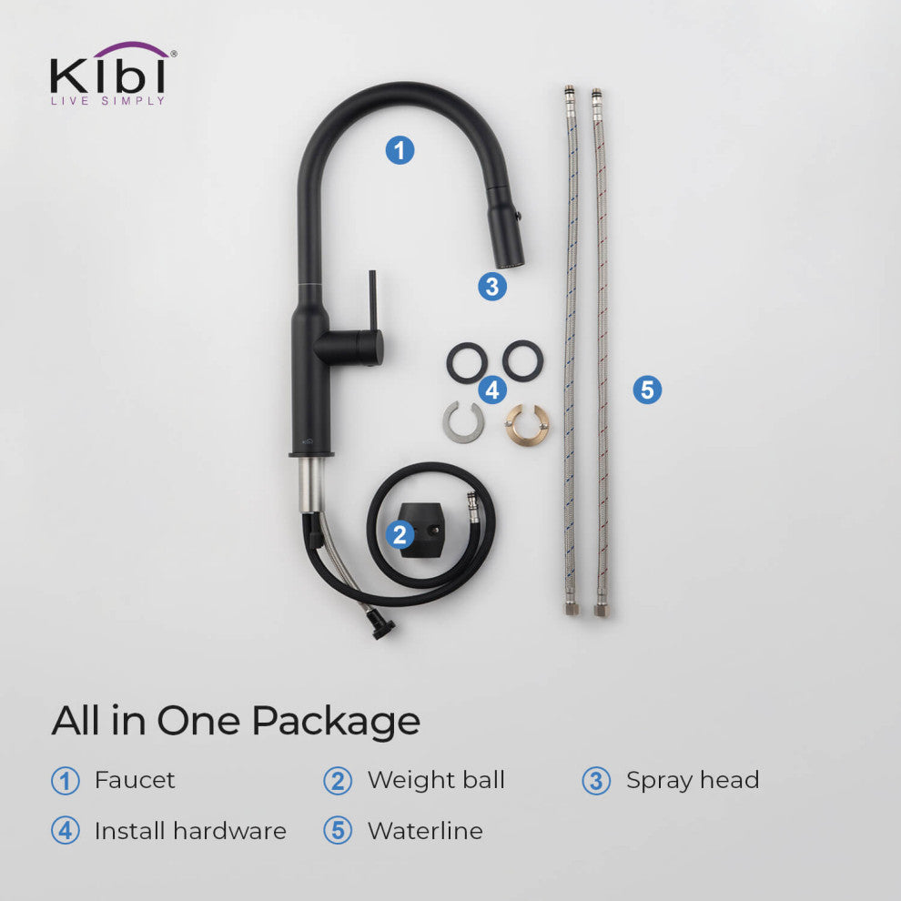 KIBI Hilo Single Handle Pull Down Kitchen Faucet, Matte Black, W/ Soap Dispenser